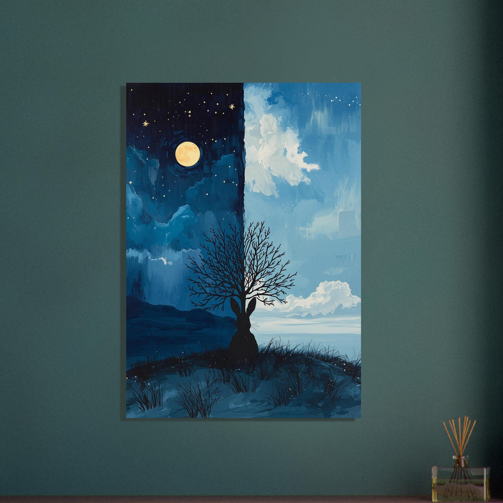 Hare silhouette beneath a bare tree against a split sky, with moon and stars on the left and blue daylight on the right.