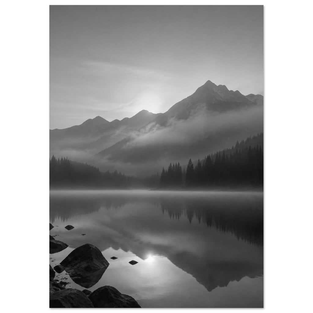 Mountain peaks and conifer forests reflected in a misty lake, with rocks in the foreground, in black and white.