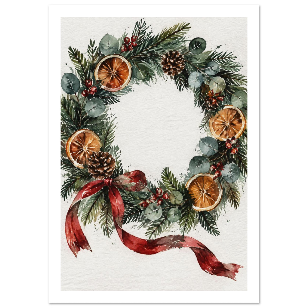 Watercolour wreath of evergreen foliage, eucalyptus, orange slices, pine cones and red berries with a trailing red bow.