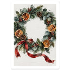 Watercolour wreath of evergreen foliage, eucalyptus, orange slices, pine cones and red berries with a trailing red bow.
