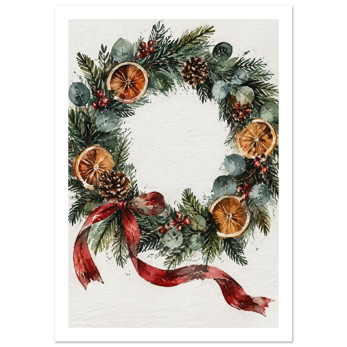 Watercolour wreath of evergreen foliage, eucalyptus, orange slices, pine cones and red berries with a trailing red bow.