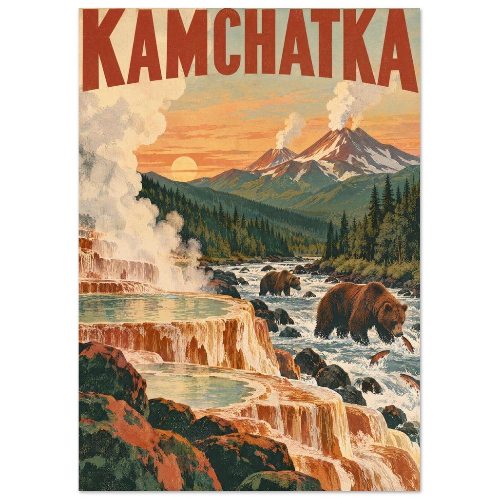 Kamchatka travel illustration with bears in river rapids, steaming terraced pools, forest and smoking volcanoes at sunset.