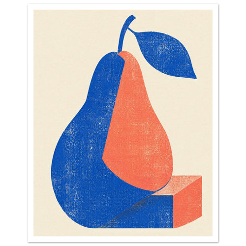 Stylised blue and coral pear with a blue leaf and geometric base, rendered in a distressed texture on cream.