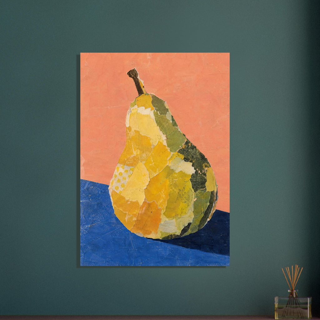 Yellow and green collage pear with a dark stem on a blue tabletop against a textured peach background.