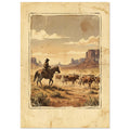 Cowboy on horseback herding longhorn cattle across a desert with rock formations, in warm tones with an aged-paper border.