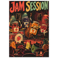 Jam Session art print showing four fruit jam jars playing jazz on stage before a cheering fruit audience