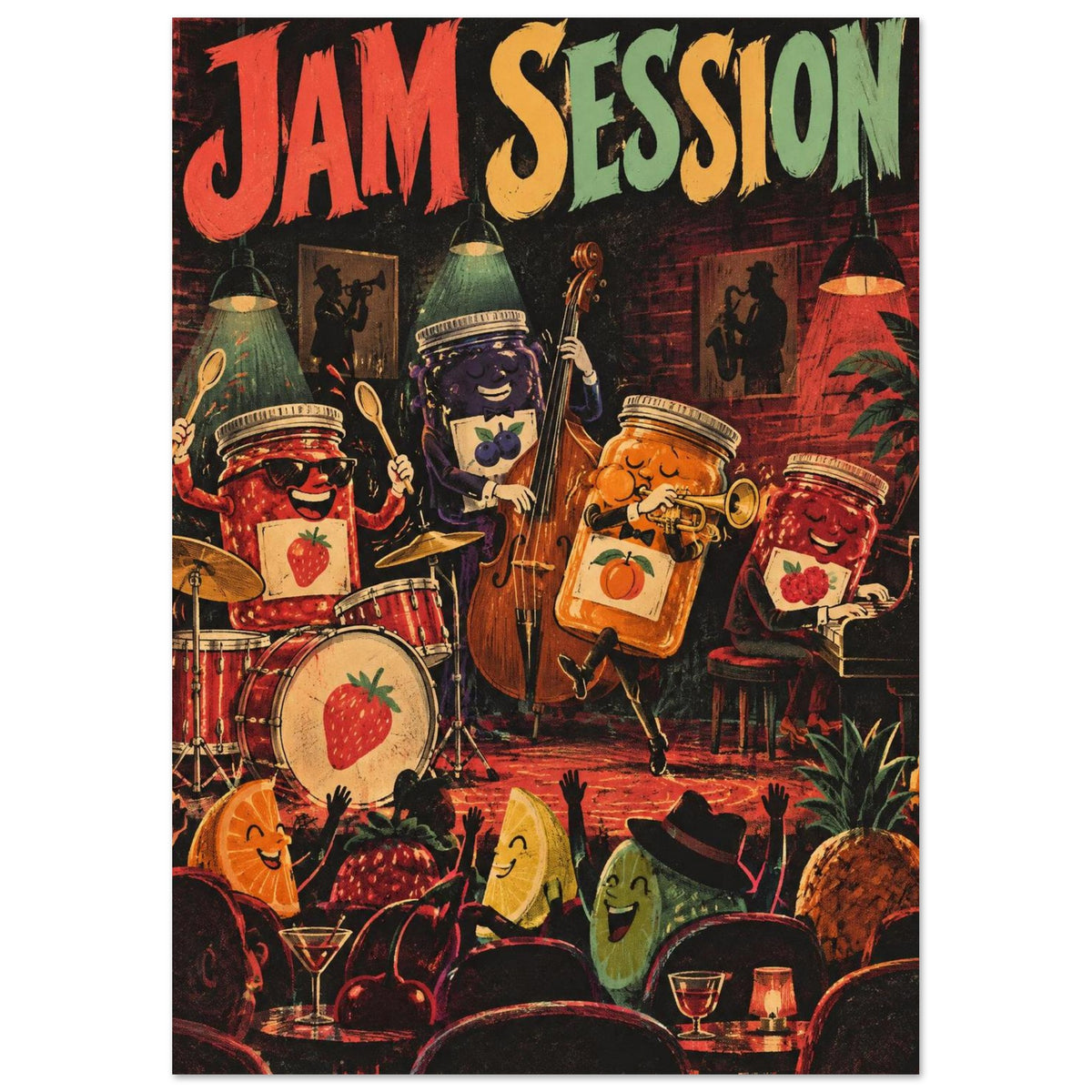 Jam Session art print showing four fruit jam jars playing jazz on stage before a cheering fruit audience