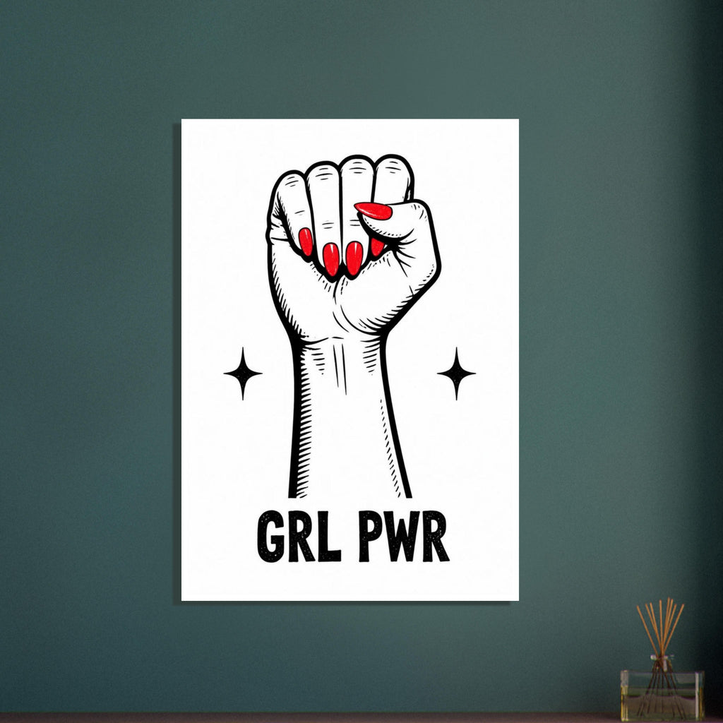 Raised fist with red nails, bold black outlines and two sparkle shapes above the words ‘GRL PWR’ on white.