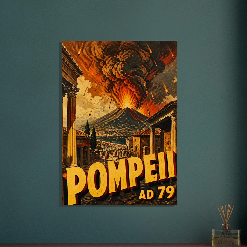 Pompeii street with classical columns beneath an erupting volcano, dark smoke and fiery skies, with ‘POMPEII AD 79’ text.