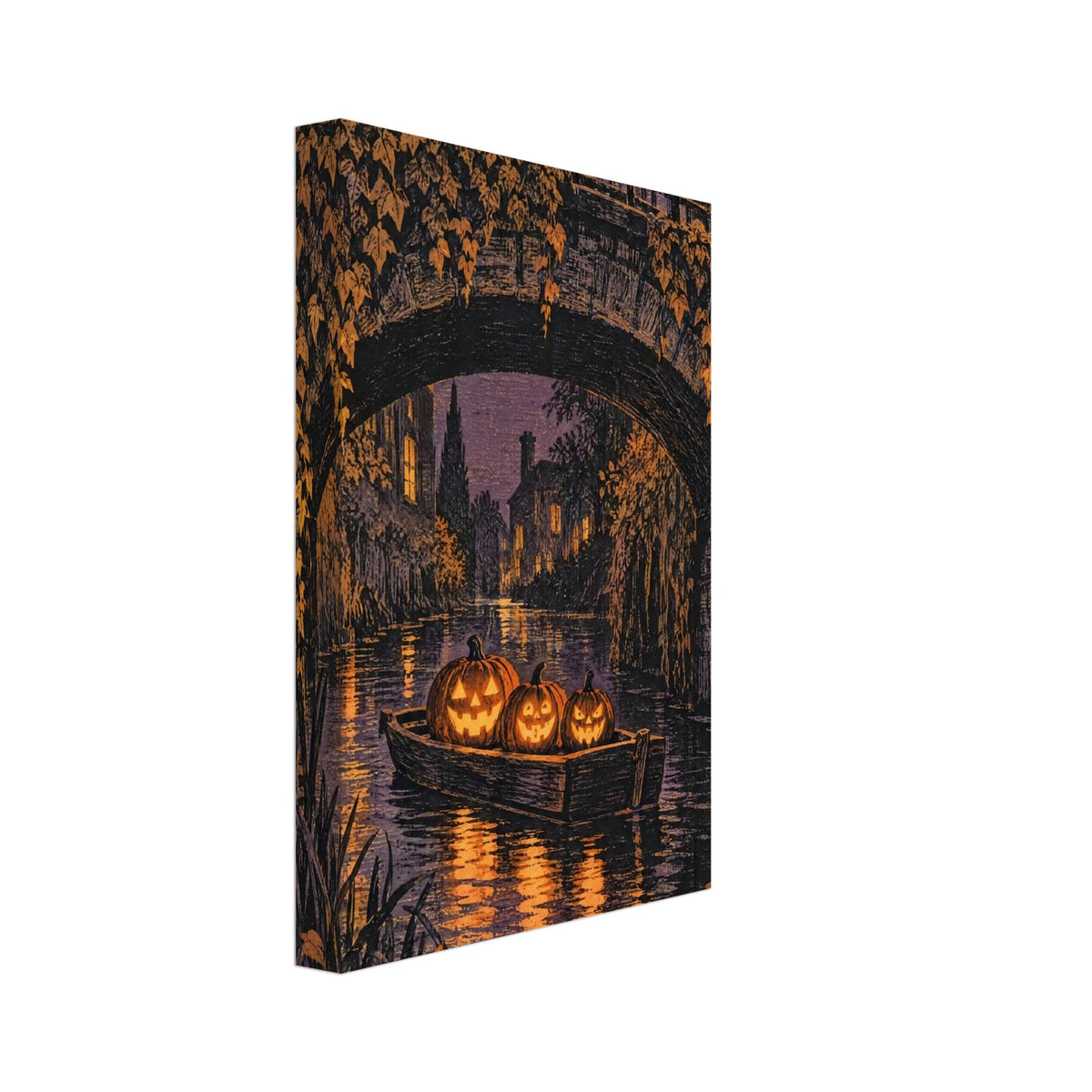 Three glowing jack-o’-lanterns in a boat beneath an ivy-covered stone bridge, with an orange moon and canal reflections.