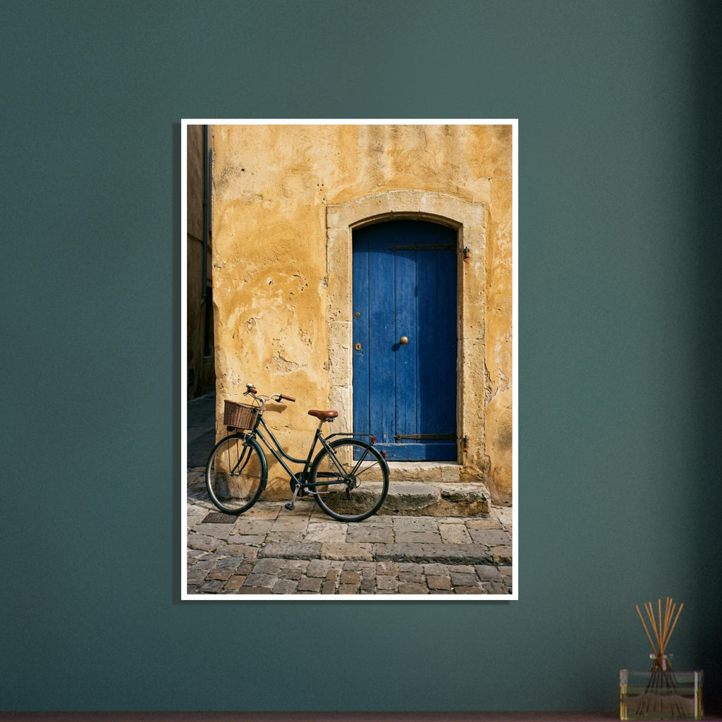 Green bicycle with a woven basket beside a blue wooden door in a golden plaster wall, above worn stone paving.