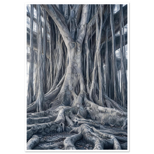 Banyan tree with intertwined trunks, hanging aerial roots and thick spreading roots in muted blue-grey tones.
