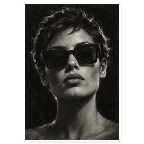 Behind the Sunglasses, a tightly cropped frontal face wearing large geometric sunglasses, with rim-lit short hair against bla