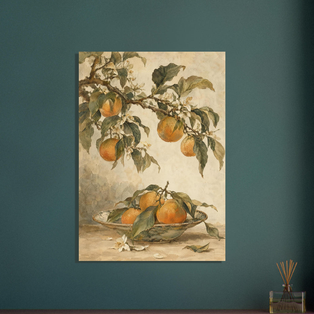 Mandarin oranges and white blossom on leafy branches above a patterned bowl of citrus fruit against a cream background.