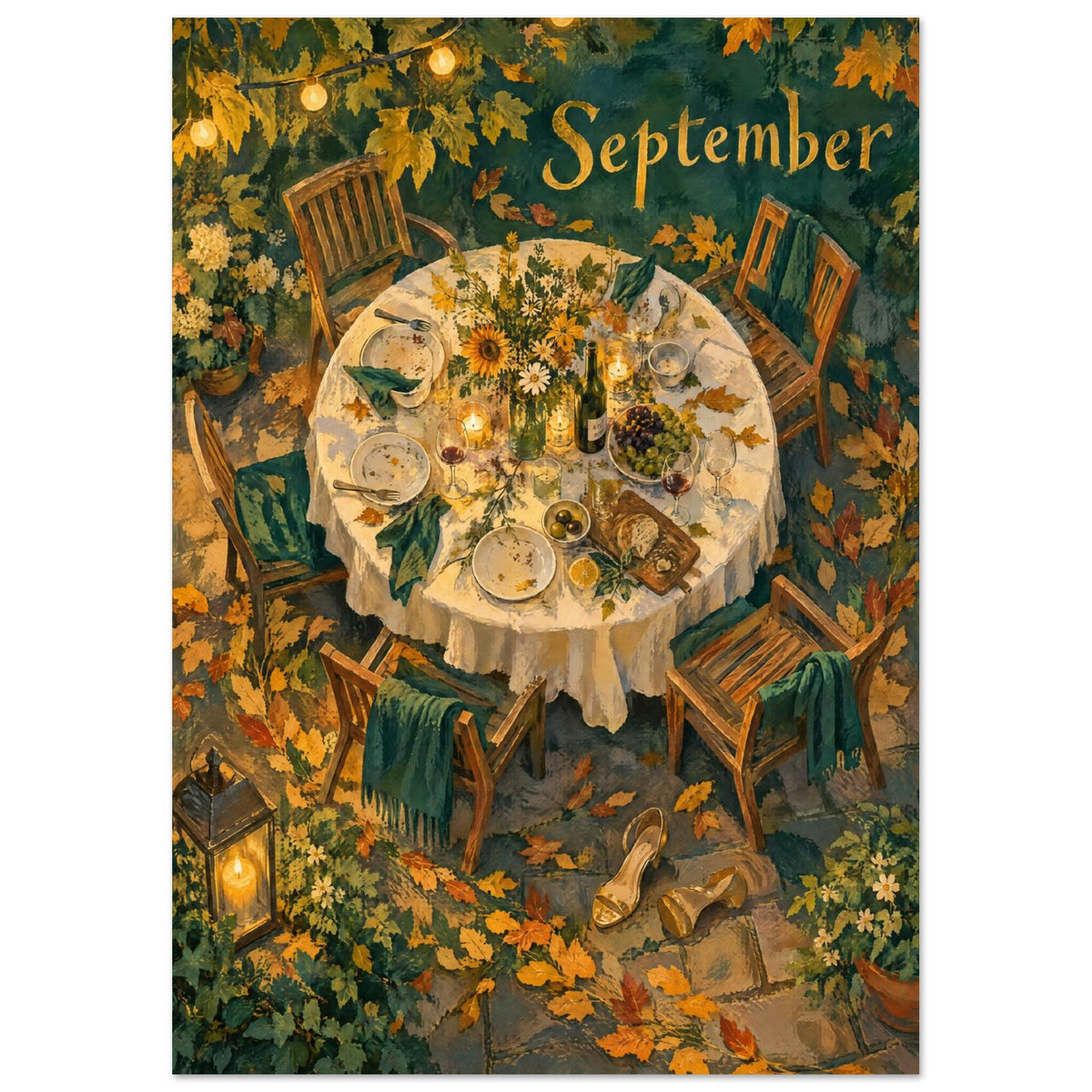 Autumn garden table set with flowers, bread and wine, surrounded by wooden chairs, golden leaves and September lettering.