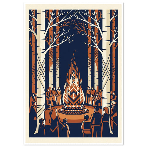 Birch trees surround people gathered around a geometric bonfire, illustrated in navy, cream and rust orange.