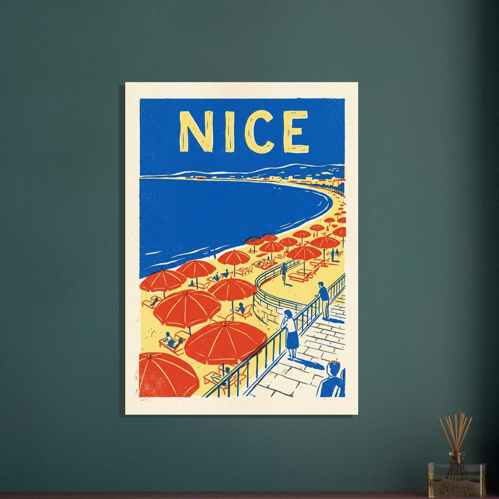 Nice beach with red parasols, yellow sand, a blue bay and figures on a curved promenade beneath large NICE lettering.