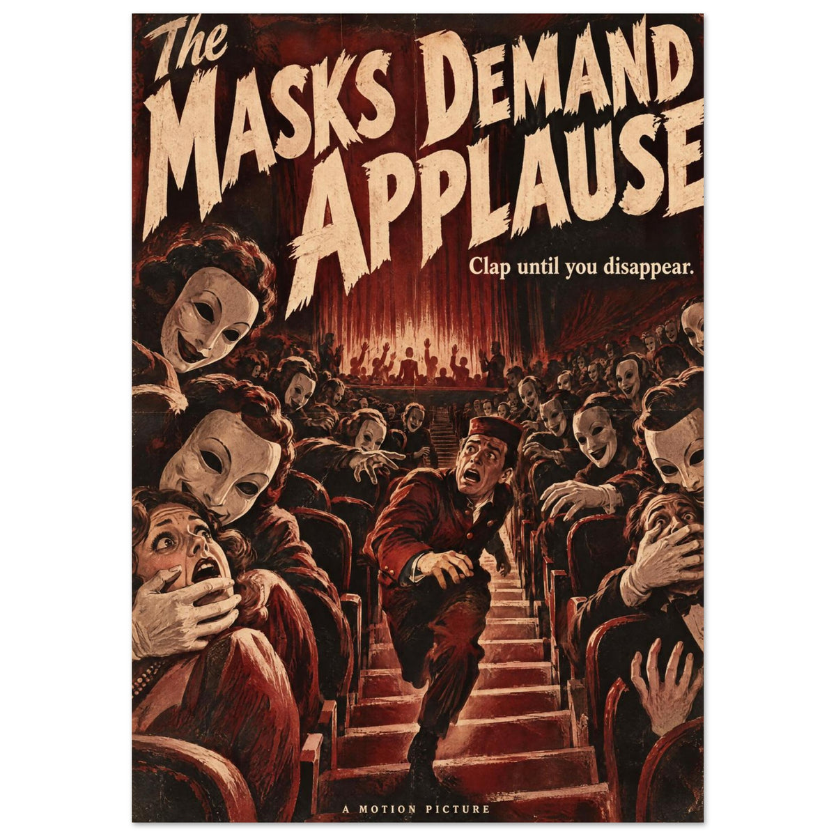 Masked spectators surround a fleeing red-uniformed figure in a theatre beneath ‘The Masks Demand Applause’ lettering.