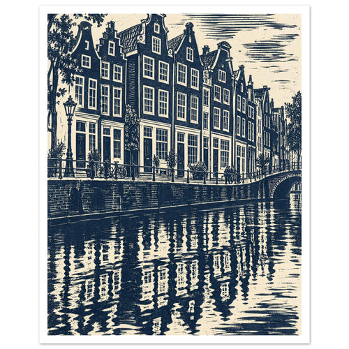 Gabled canal houses in navy and cream, with a street lamp, bicycles, an arched bridge and rippling reflections.