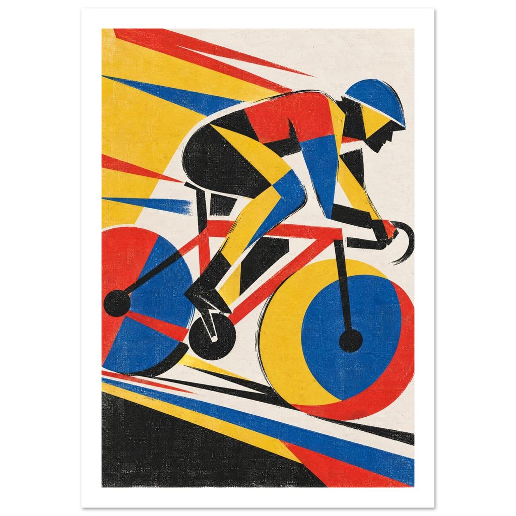 Geometric cyclist on a racing bicycle in red, yellow, blue and black, with diagonal streaks and distressed texture.