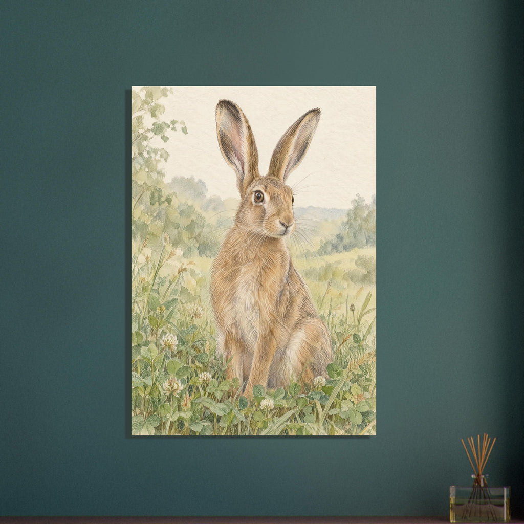 Brown hare with tall upright ears sitting among clover and grasses, with softly painted green fields and trees behind.