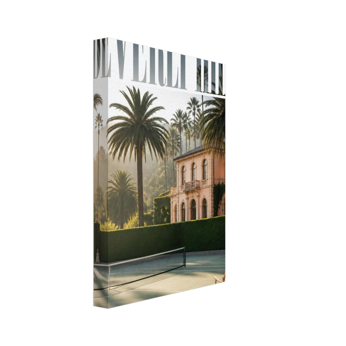 Beverly Hills lettering above a palm-lined tennis court, peach villa, striped deckchair, racket and two tennis balls.