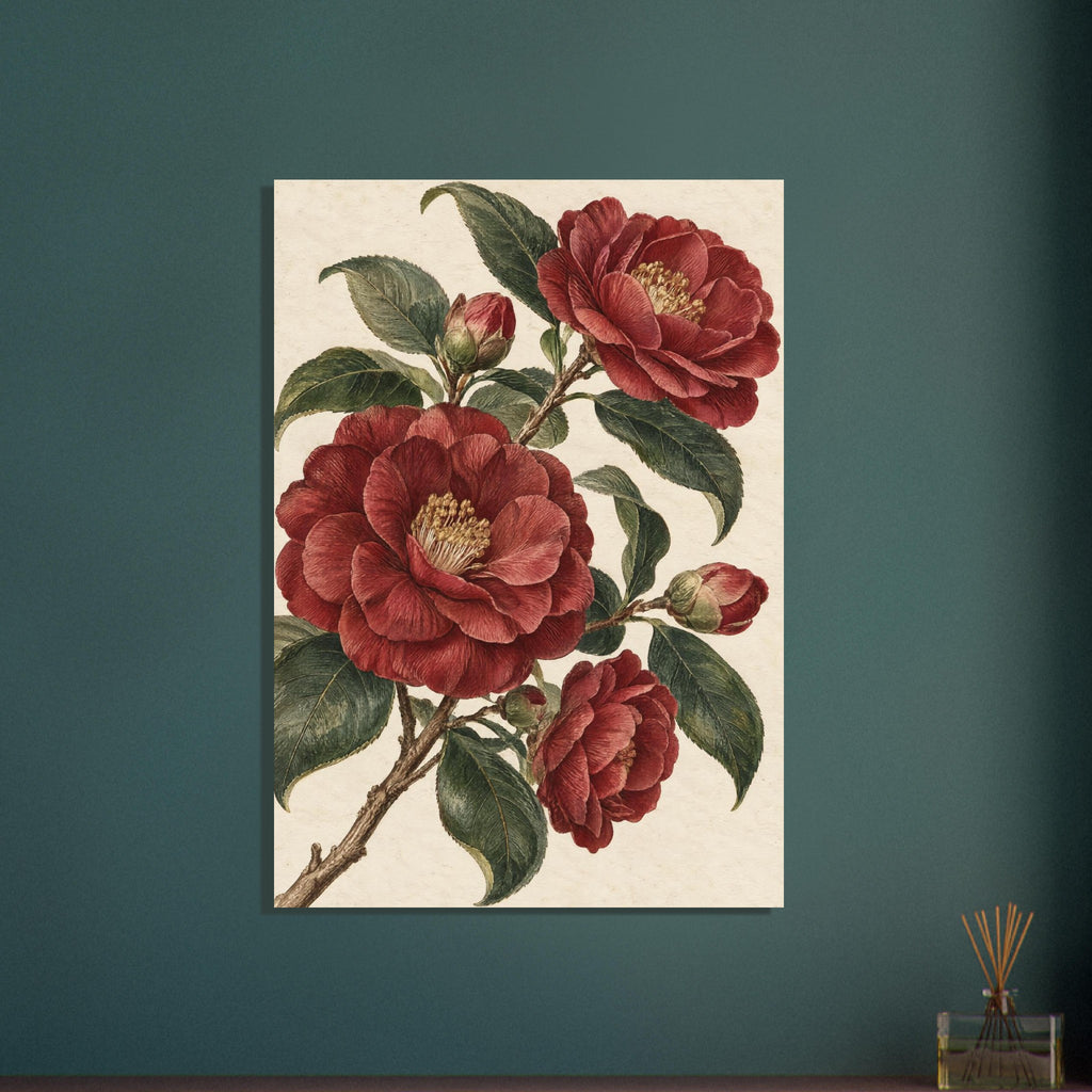 Red Camellia Botanical – botanical illustration wall art print by Printavelle – close-up