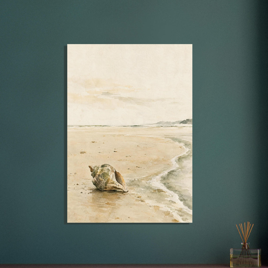 Ridged seashell on wet sand beside a curving foamy shoreline, with distant headlands beneath a pale cream sky.