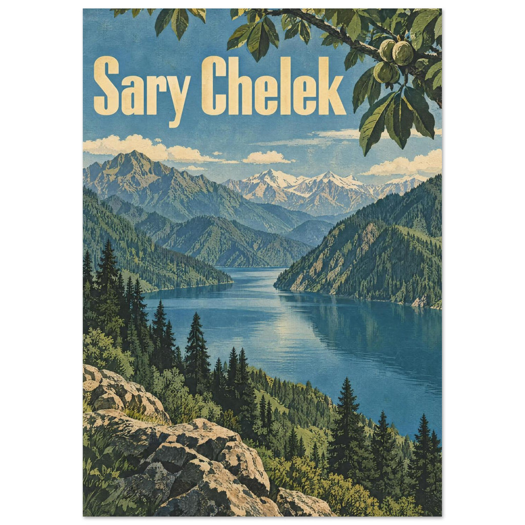Sary Chelek lake poster with blue water, forested slopes, snowy mountains, foreground rocks and cream lettering.