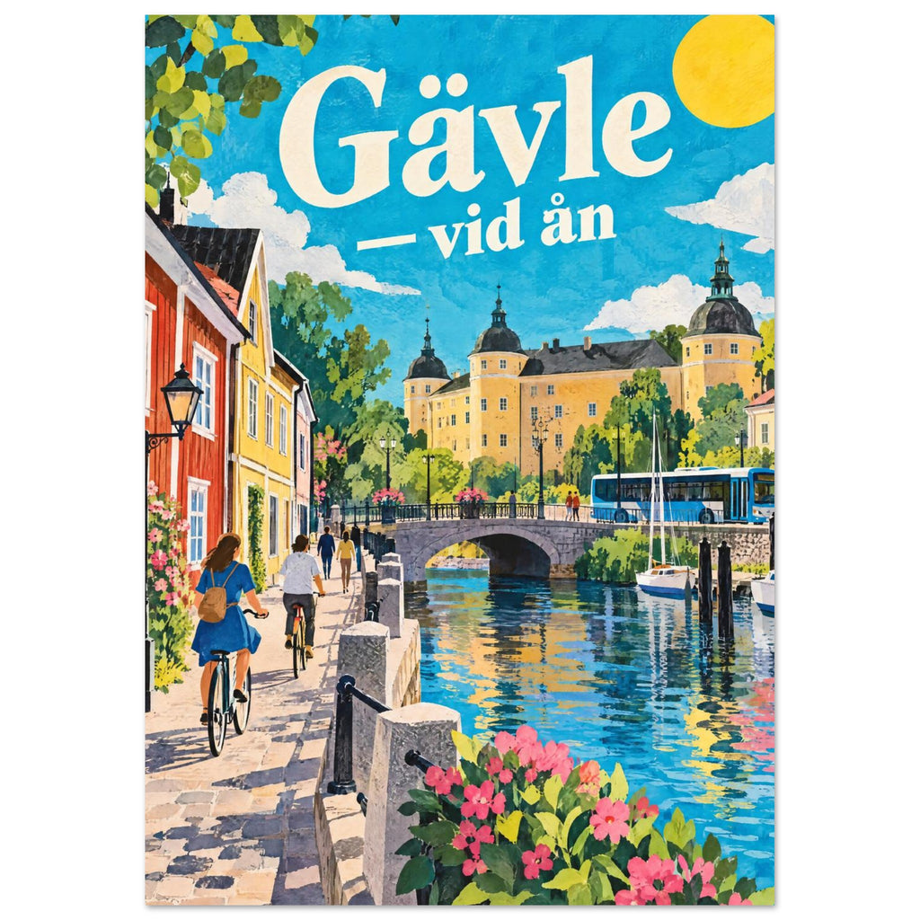 Gävle vid ån med Gavleån, slottet, Gamla Gefles trähus, cyklister och en buss i klippt papper.