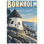 Bornholm travel poster with a white round church, rocky coastline, cottages and a sailboat beneath a low golden sun.