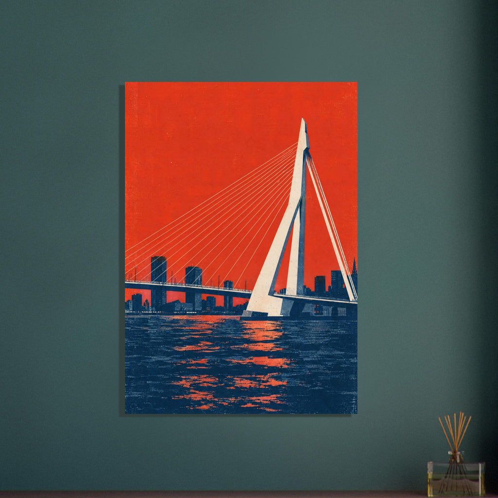 Erasmus Bridge with cream cables above a dark blue waterfront and skyline, set against a textured orange-red sky.
