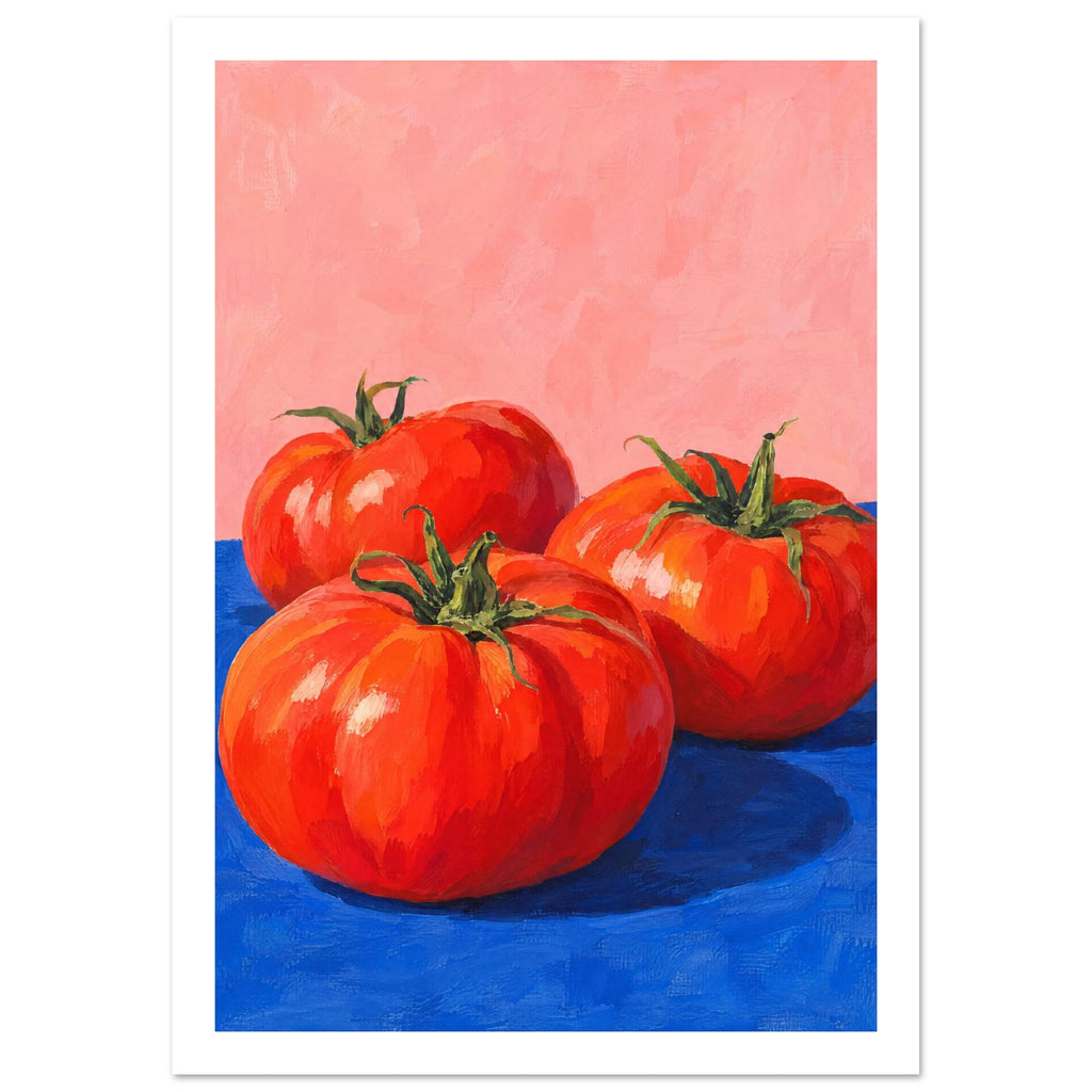 Three red tomatoes with green stems on a vivid blue surface against a pink background, painted with broad brushstrokes.