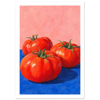 Three red tomatoes with green stems on a vivid blue surface against a pink background, painted with broad brushstrokes.