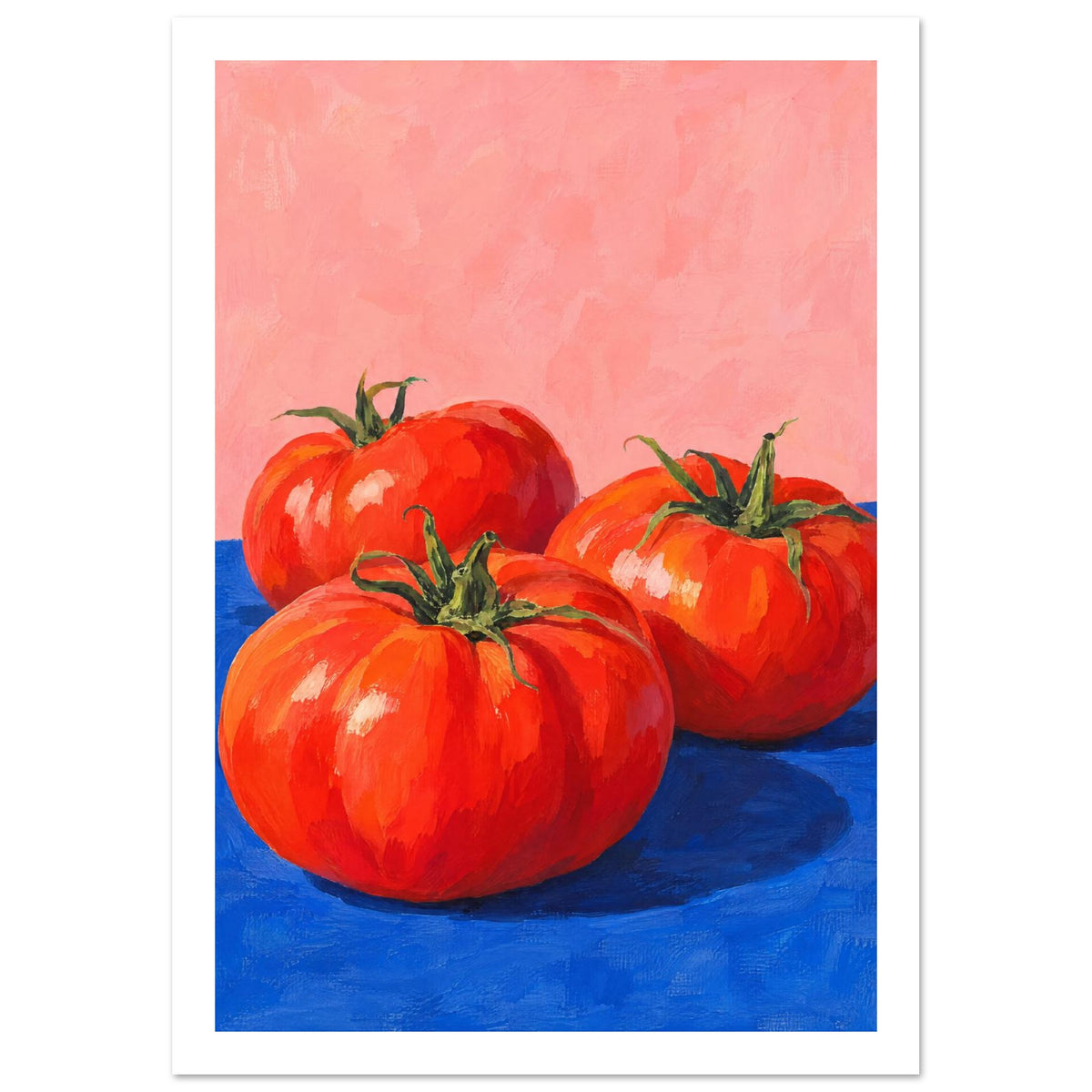 Three red tomatoes with green stems on a vivid blue surface against a pink background, painted with broad brushstrokes.