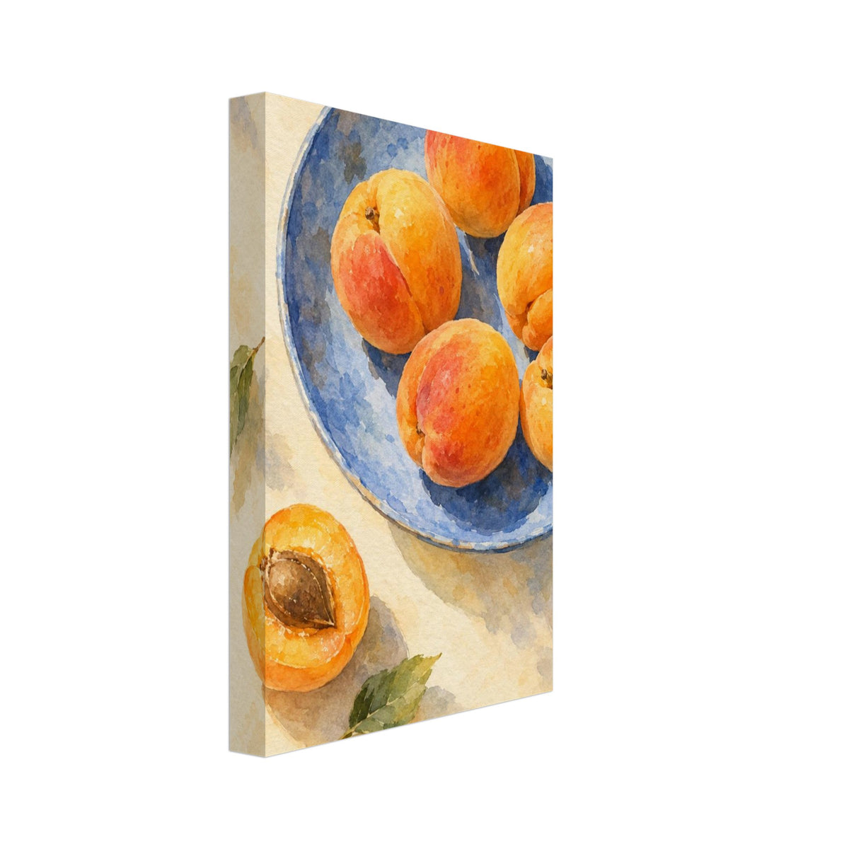 Apricots on a blue plate, with a halved apricot and green leaves on a cream surface, painted in watercolour.