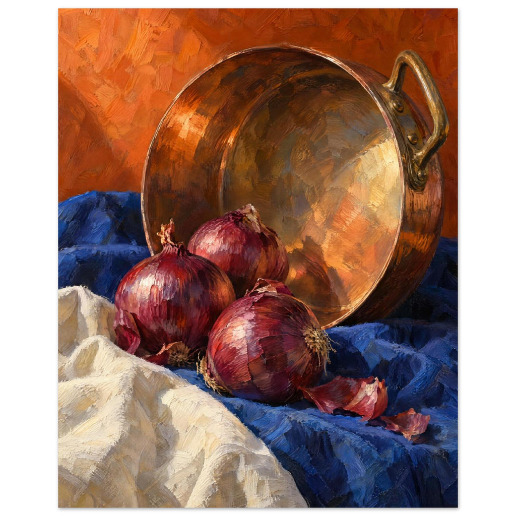 Three red onions and loose skins on blue and cream cloth beside a tilted copper pan against an orange background.