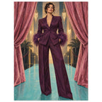 The Feathered Entrance shows a woman in a plum suit with feather-like cuffs standing between rose curtains on an aqua floor.