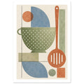 Green colander and terracotta slotted spoon with blue curves, geometric blocks and thin black lines on a cream background.