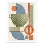 Green colander and terracotta slotted spoon with blue curves, geometric blocks and thin black lines on a cream background.