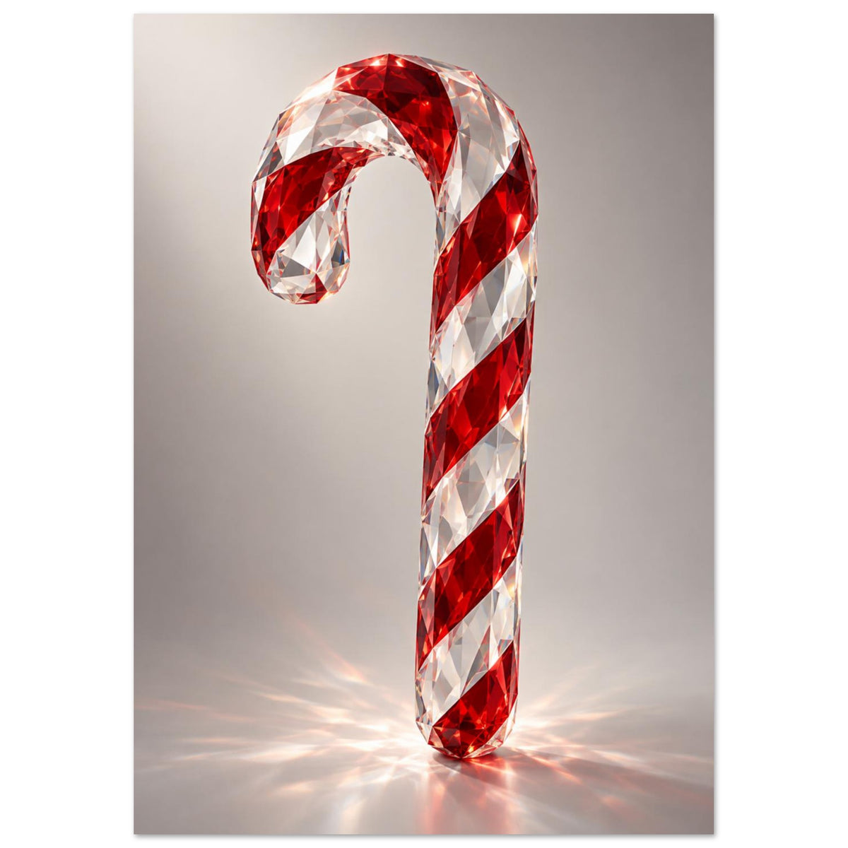 Red and clear faceted candy cane standing on a grey surface, with bright reflections spreading around its base.