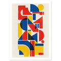 Red, blue and yellow geometric shapes stacked vertically on a cream background with distressed texture and dark overlaps.
