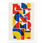 Red, blue and yellow geometric shapes stacked vertically on a cream background with distressed texture and dark overlaps.