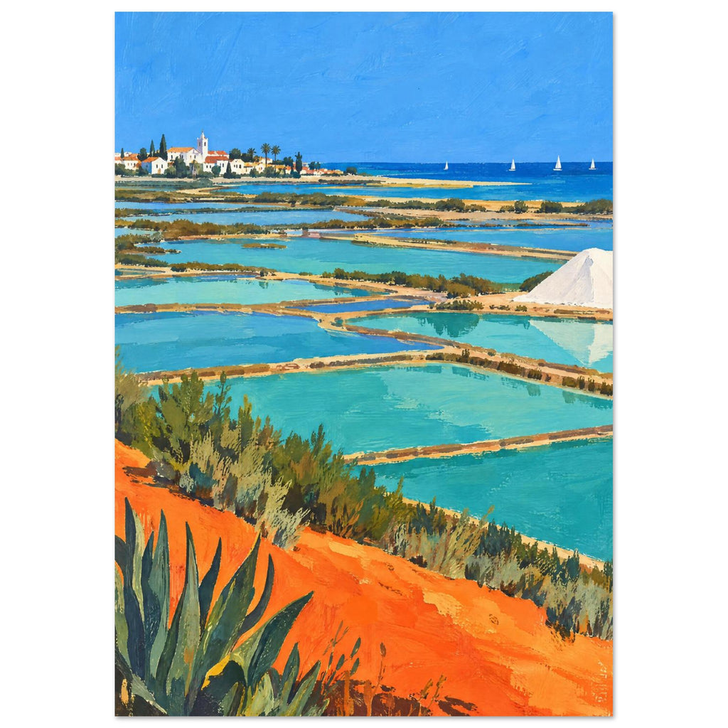 Coastal salt pans with turquoise pools, orange earth, green plants, a white salt mound and a distant village under blue sky.