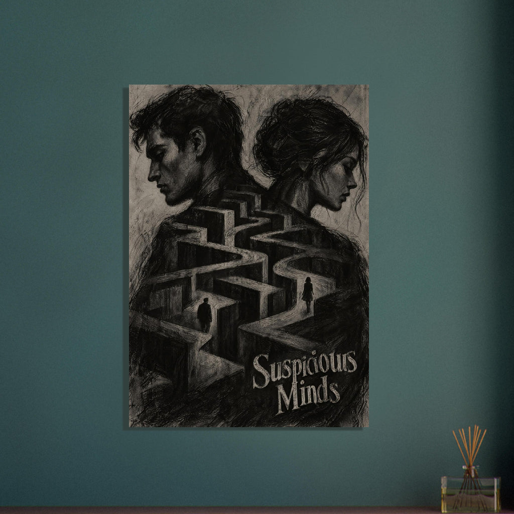 Two opposing profiles above a winding maze with two small figures and distressed ‘Suspicious Minds’ lettering.