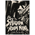 Clawed shadow monster looms over a frightened person in bed above jagged lettering reading ‘The Shadow in Room Nine’.