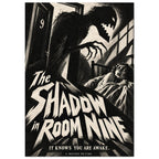 Clawed shadow monster looms over a frightened person in bed above jagged lettering reading ‘The Shadow in Room Nine’.
