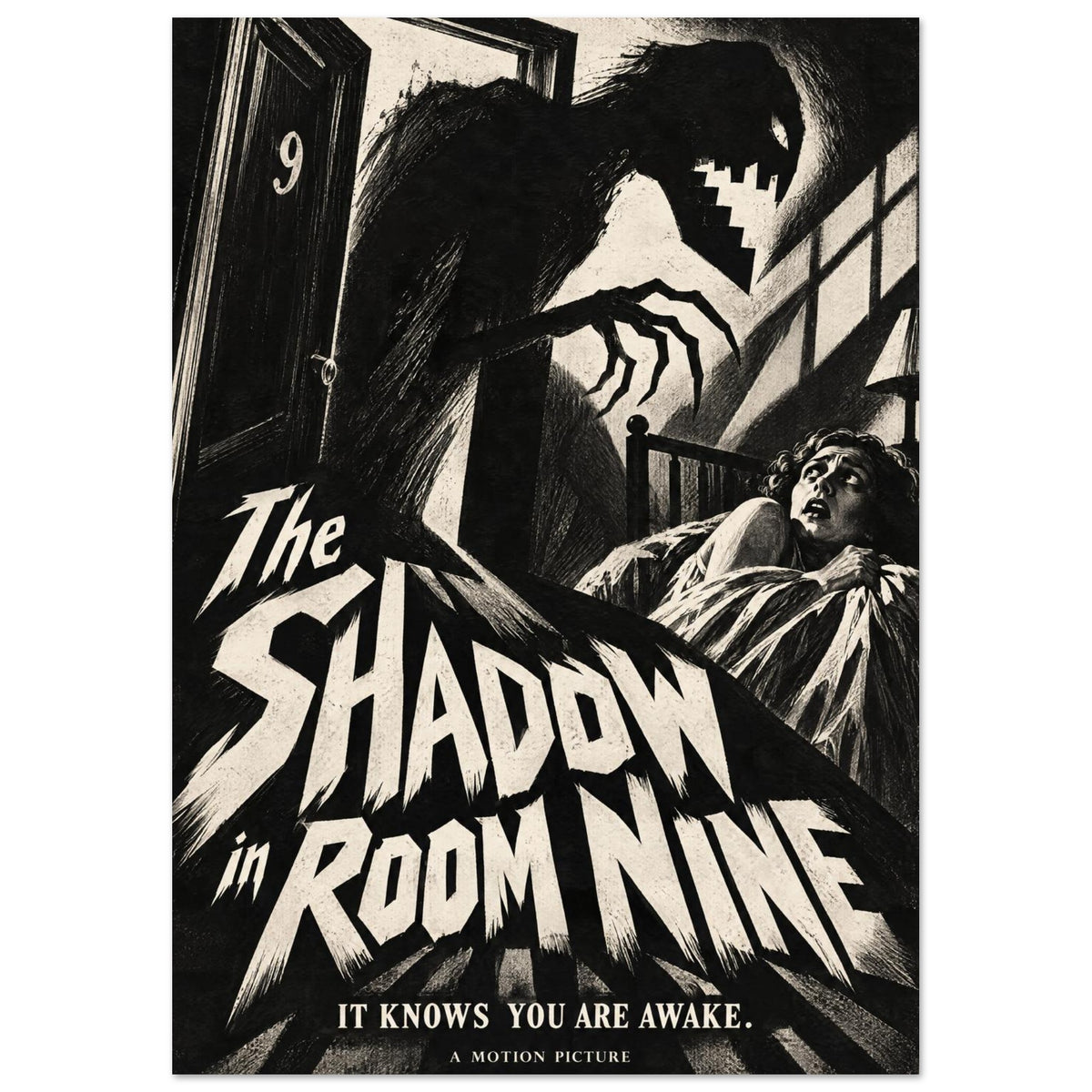 Clawed shadow monster looms over a frightened person in bed above jagged lettering reading ‘The Shadow in Room Nine’.