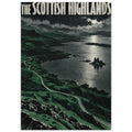 Scottish Highlands landscape with rain, green hills, a winding road and an island castle beneath bold cream lettering.