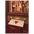 Heart-sealed envelope in a brass letterbox on a burgundy door, with candles and heart garlands visible through the glass.